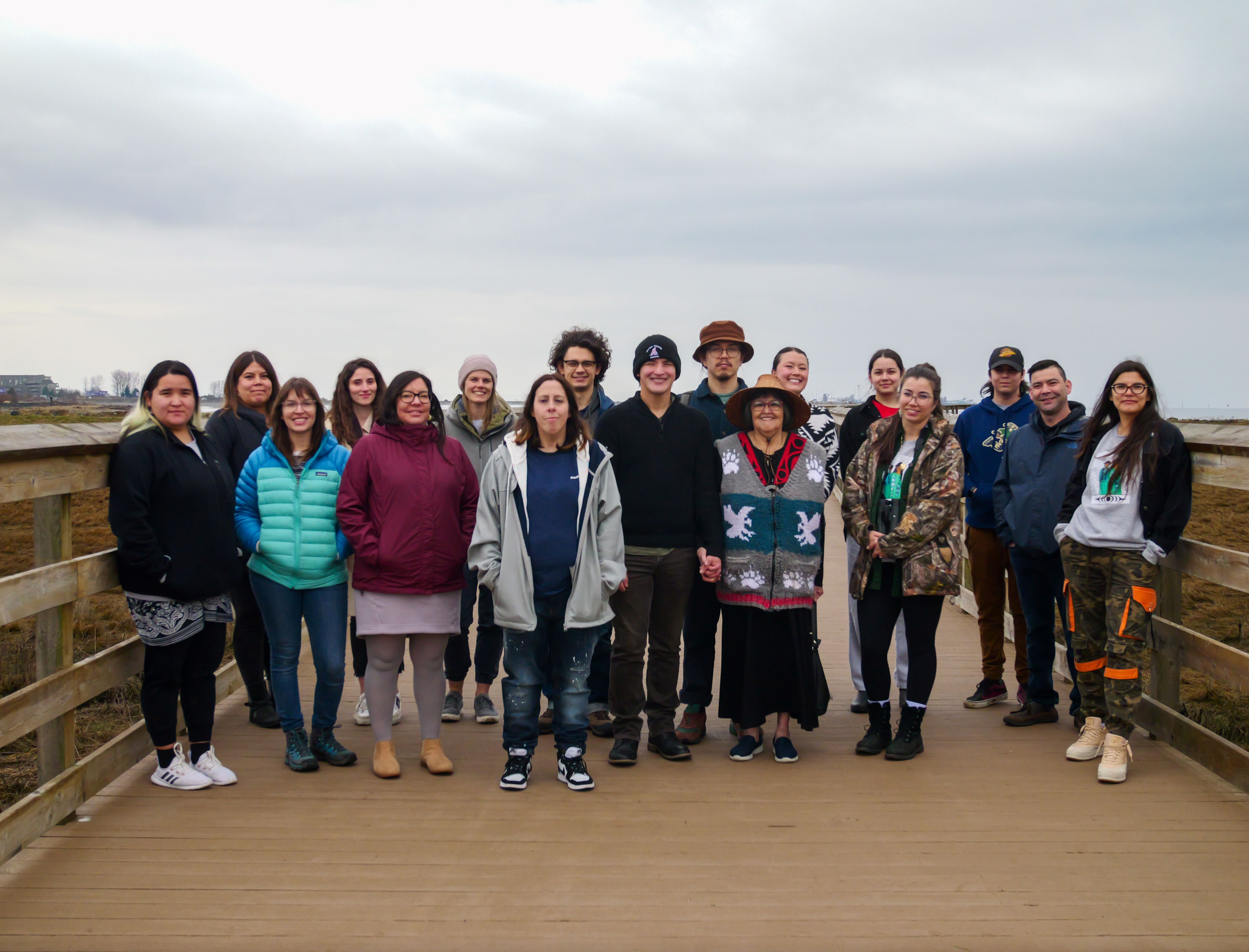 Group shot on the ‘Great Blue Heron Way’ boardwalk in Tsawwassen, guided by Krystal Lockert, March 20th 2023.