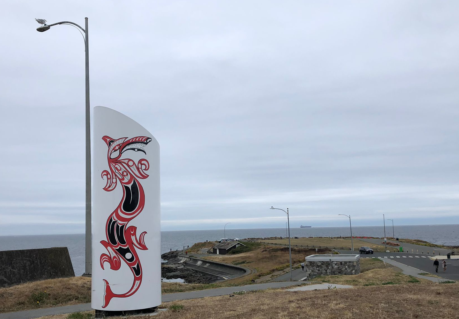 An image of a Sea Wolf, by Butch Dick, decorates an exhaust stack at Swengwhung (Clover Point).