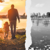 Father and child walking in lakeside sunset juxtaposed with water pollution greyscale image 