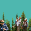 Graphic collage with children, a family and caribou with trees in background