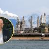 Headshot of lawyer Andrew Gage overlaid on image of oil refinery